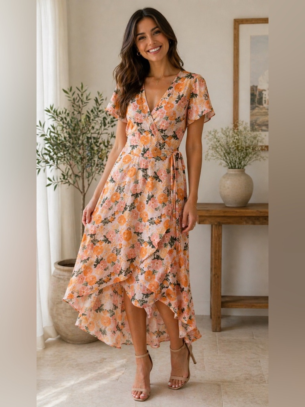 belle sky Peach Floral Hi-Low Wrap Dress